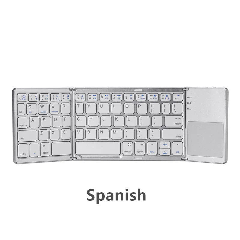 Tri-fold folding Bluetooth keyboard with touchpad in black or silvery white, shown folded and unfolded