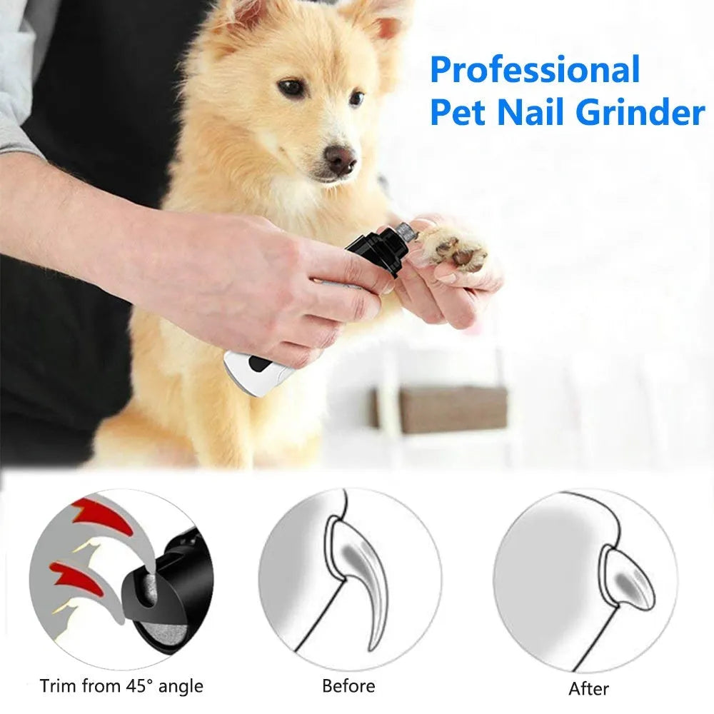 White electric pet nail trimmer with LED indicator light and dust collection chamber for dogs