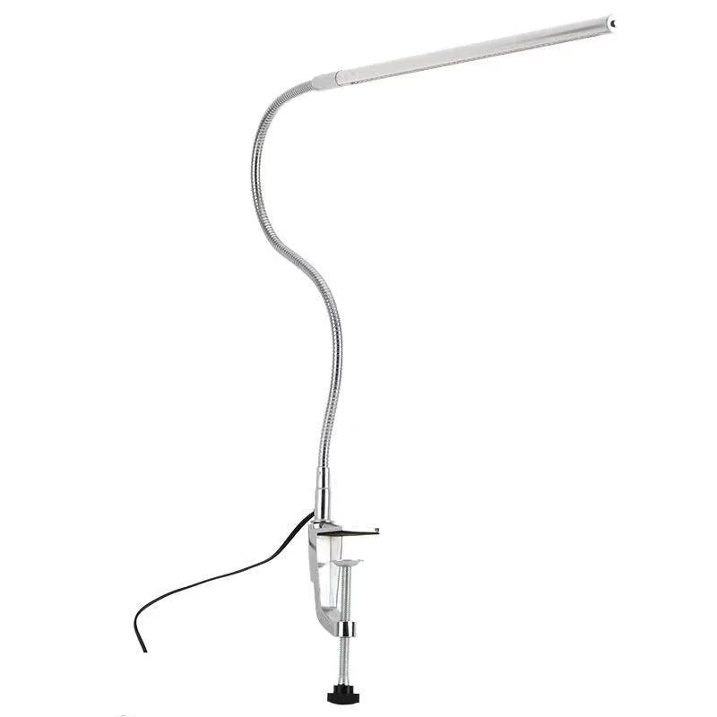 Silver aluminium alloy LED clip table lamp with long arm for nail art and crafting, showing clip attachment and USB cable