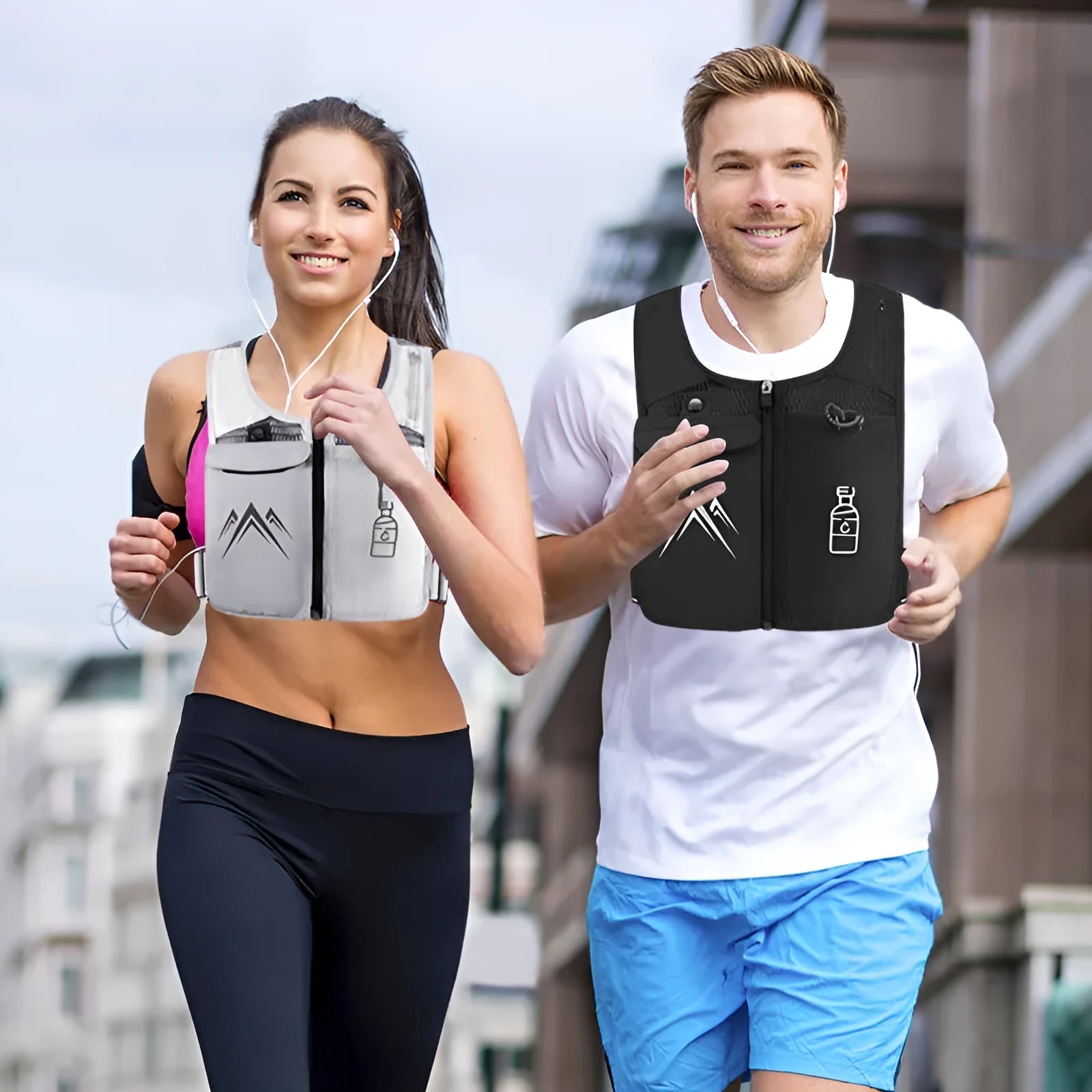 A classic black breathable mesh running vest with a front pocket designed to hold a mobile phone up to 7.5 inches.