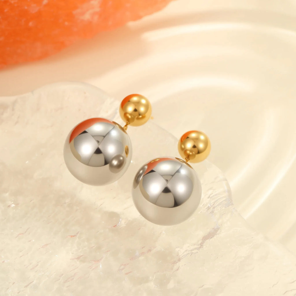 Stainless steel colour-block ear studs with round sphere beads and 18K gold electroplated finish