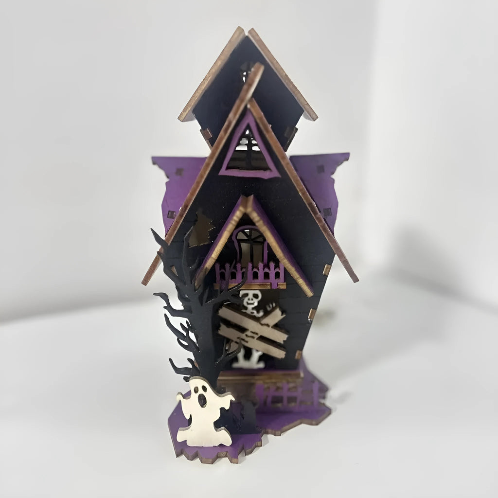 Unlit wooden DIY haunted house decoration measuring 14x10.5x19cm for Halloween table display