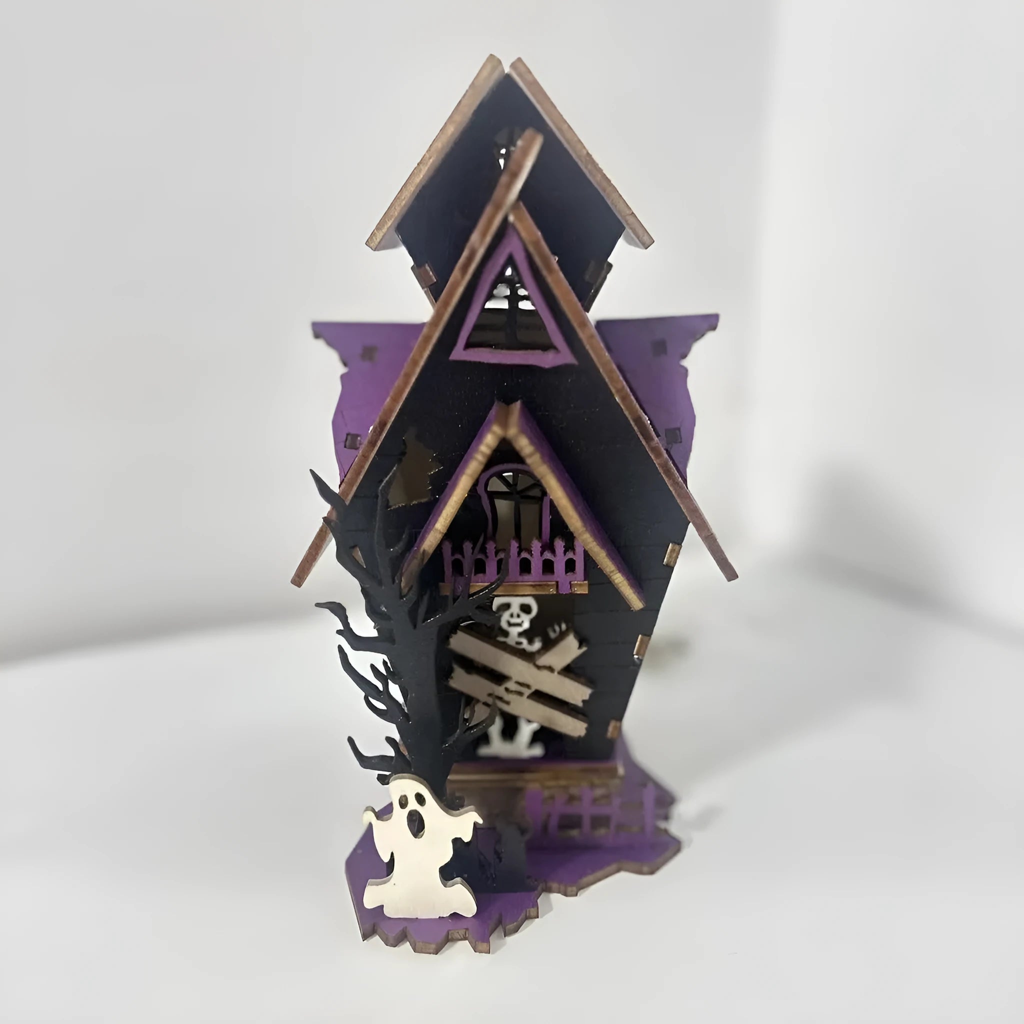Unlit wooden DIY haunted house decoration measuring 14x10.5x19cm for Halloween table display