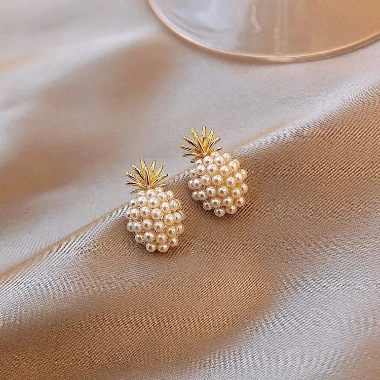 Korean style pineapple starfish pearl earrings in electroplated alloy with gemstone inlay