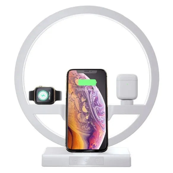 3 in 1 wireless fast charger for 1Phone X XR with LED light showing smartphone and Airpods charging