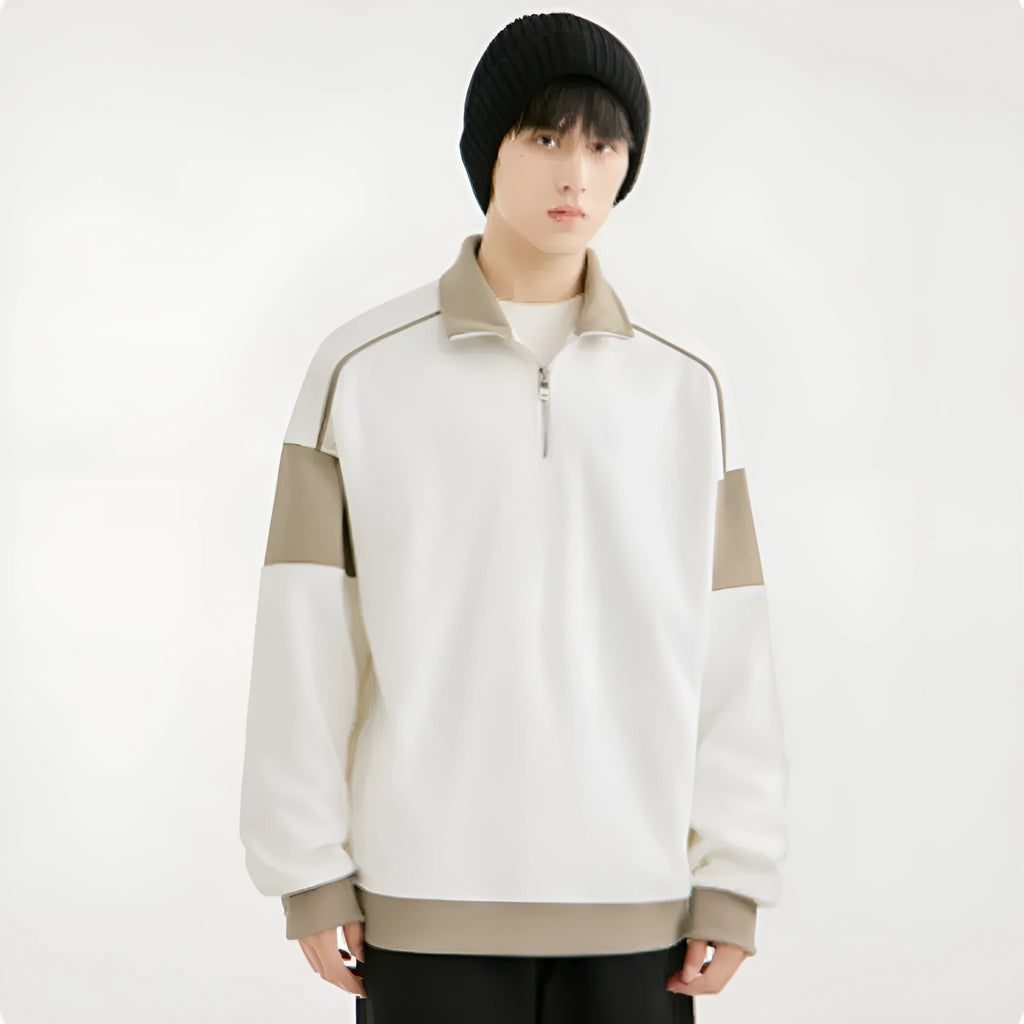 Men's white rabbit fur corduroy hooded pullover sweater with drop shoulders and loose lapels