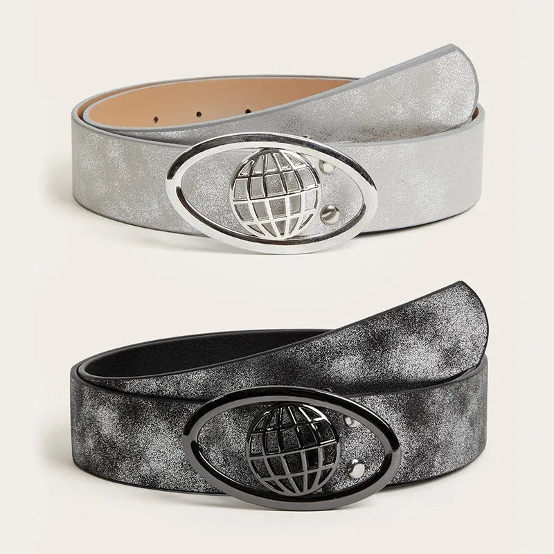 Women's thick retro belt with oval alloy buckle in PU leather showing earth style design