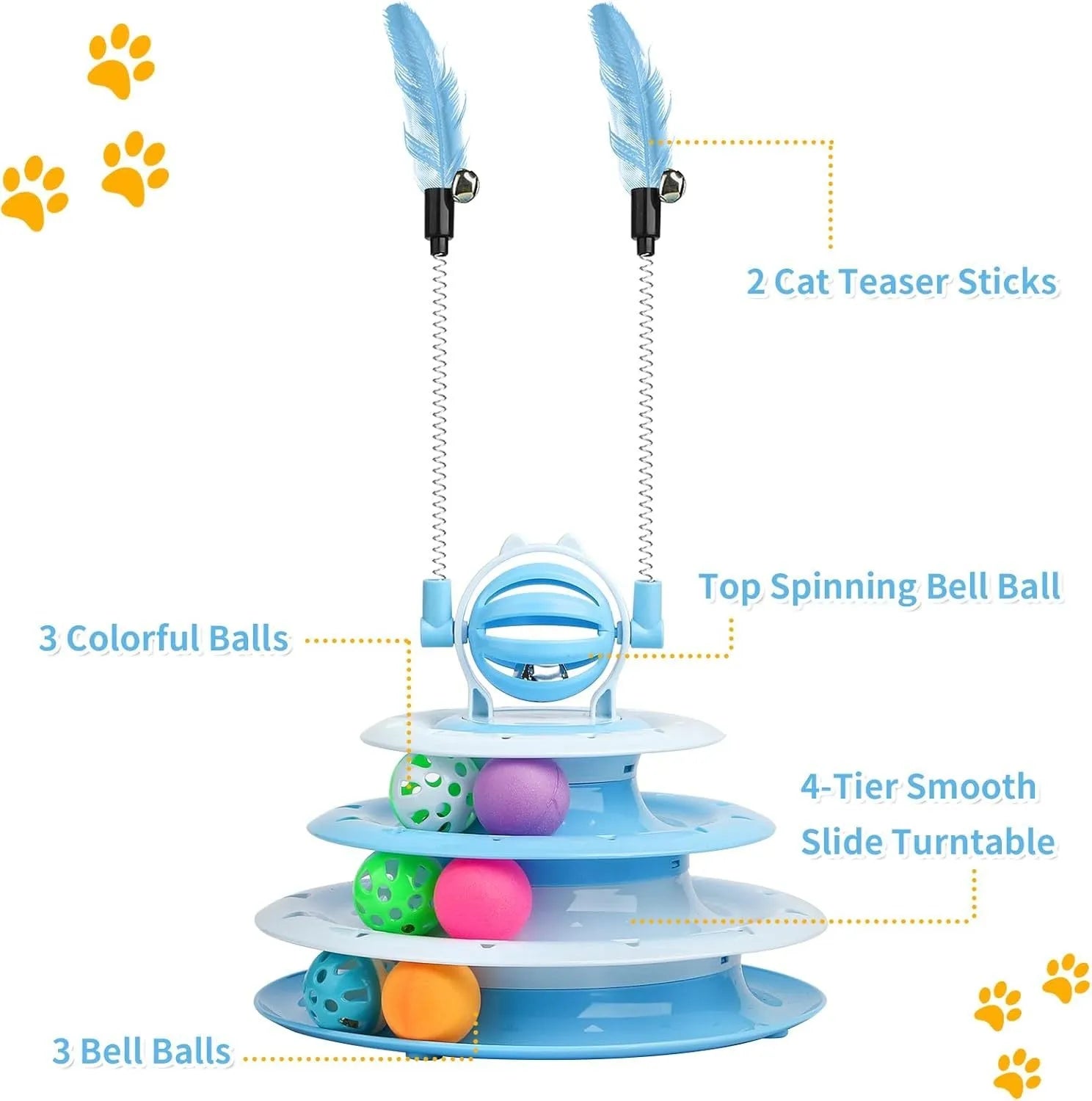 Blue 4-tier interactive cat puzzle toy carousel with six coloured balls and two teasing rods.