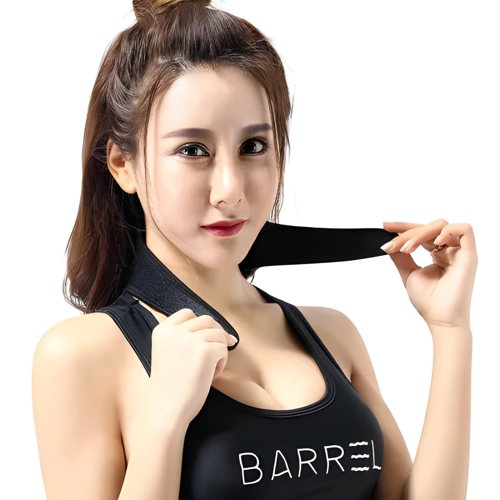Black self-heating magnetic neck guard with adjustable shoulder strap.