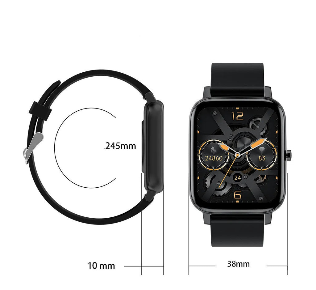 H80 black sports smart watch with 1.69-inch touchscreen on a silicone strap, displaying heart rate data.