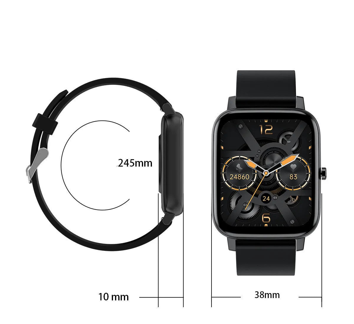 H80 black sports smart watch with 1.69-inch touchscreen on a silicone strap, displaying heart rate data.