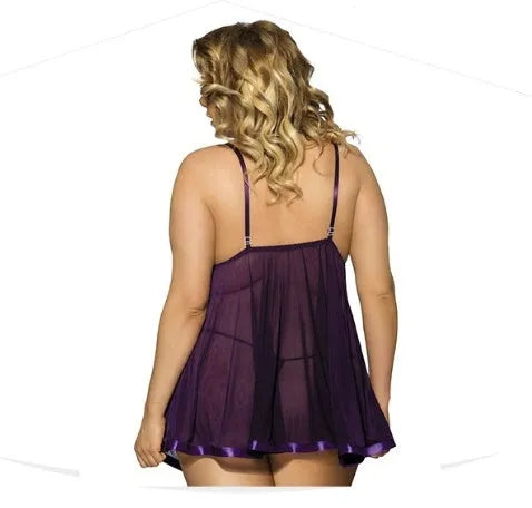 Women's purple polyester mesh sling dress lingerie with lace detailing in extended sizing