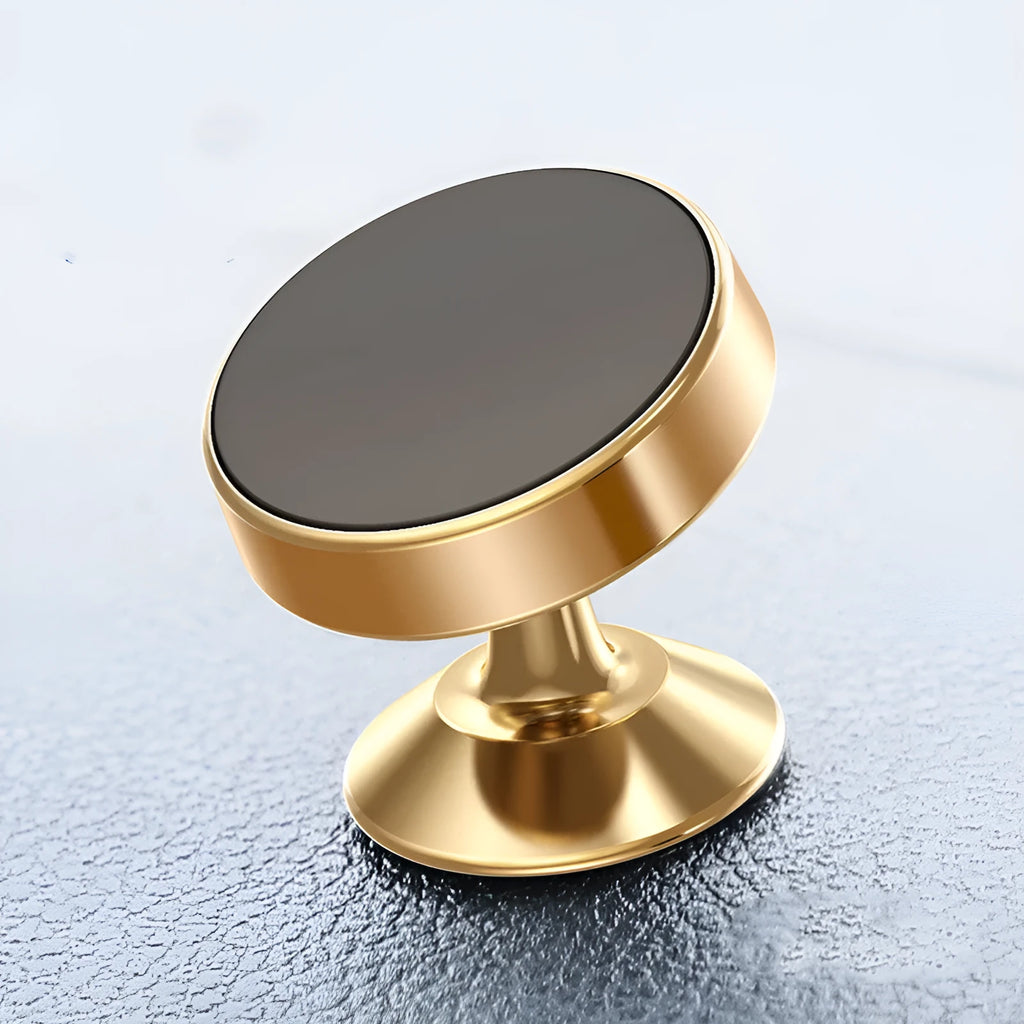 Magnetic car phone holder in aluminium alloy with CD texture, shown in black, gold, and silver colours.