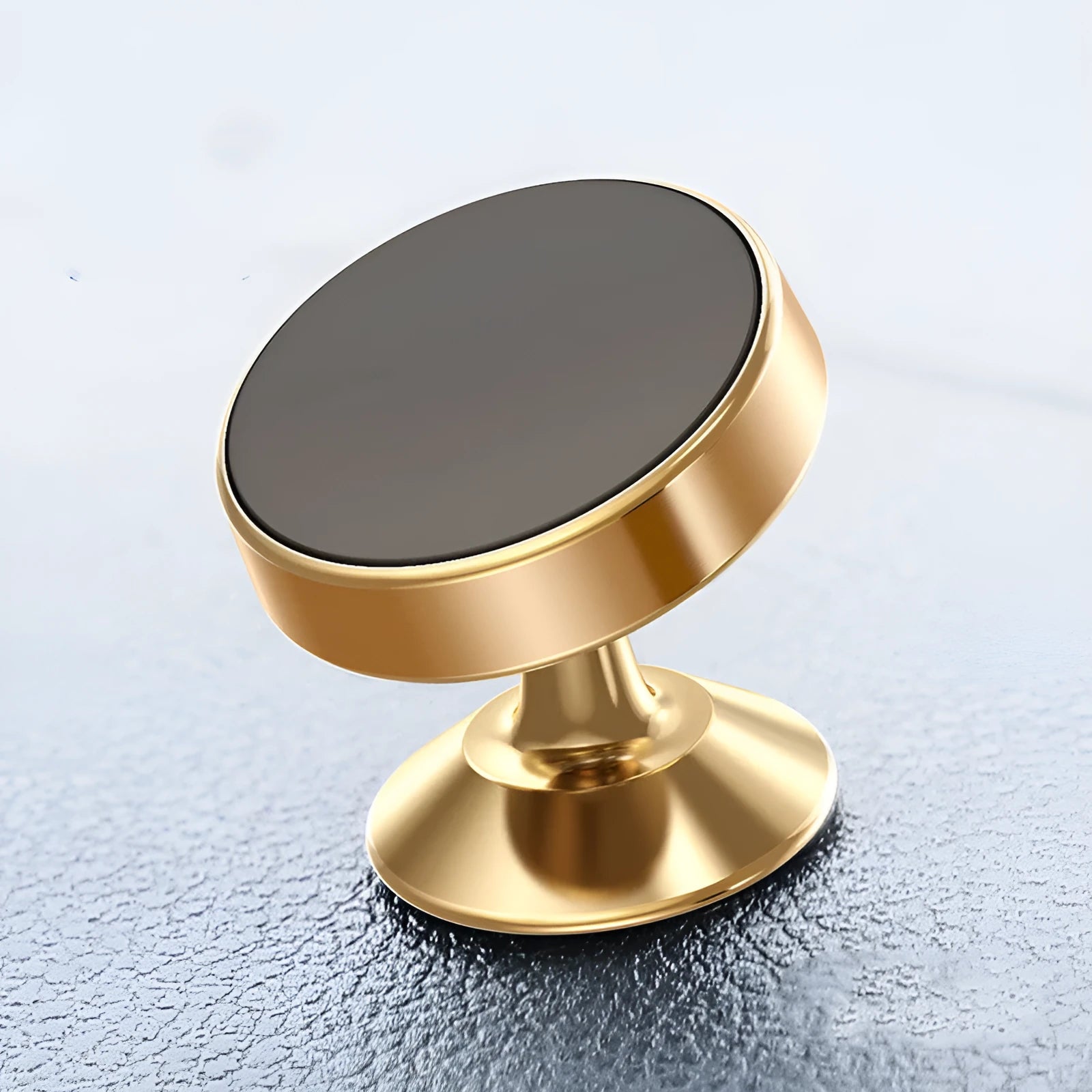 Magnetic car phone holder in aluminium alloy with CD texture, shown in black, gold, and silver colours.