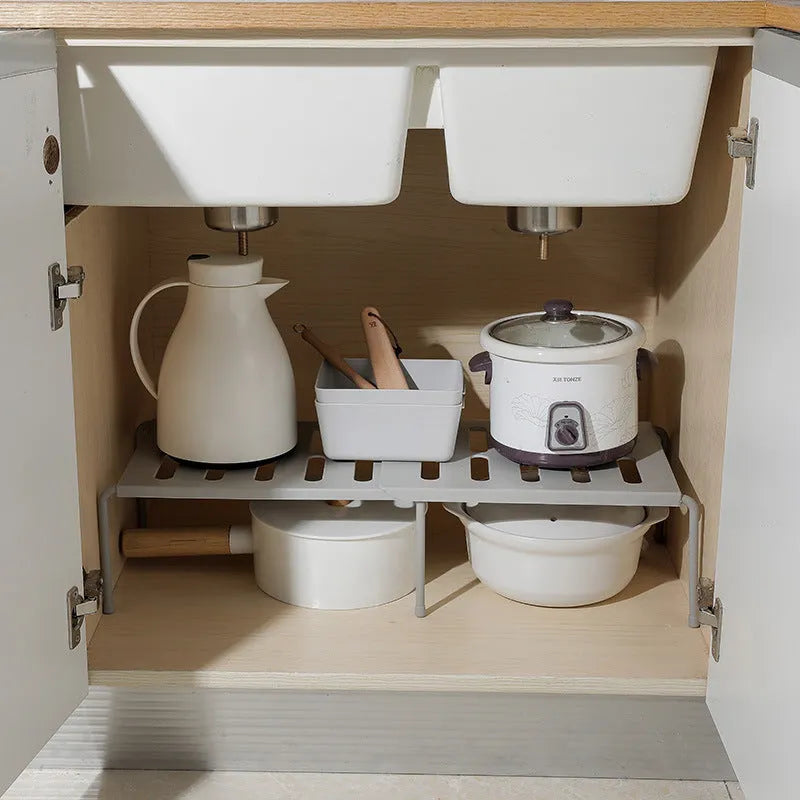 Telescopic plastic kitchen rack in white, adjustable height 36-69cm, floor-standing with Japanese style