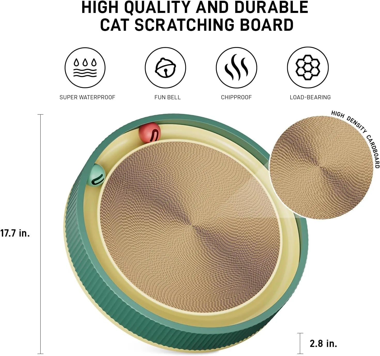 Large circular cat scratching board with replaceable cardboard centre and integrated ball toys