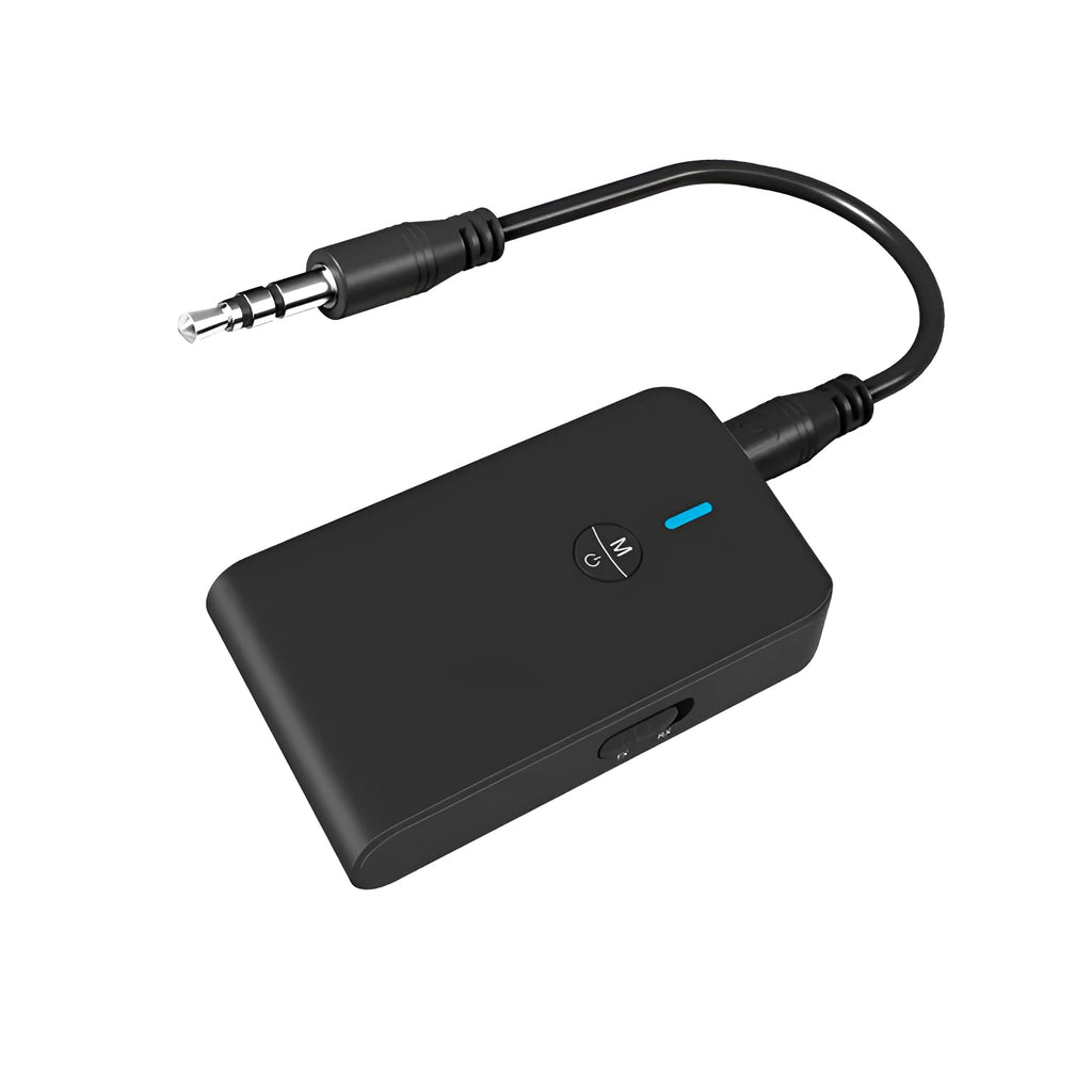 Black Bluetooth 5.0 audio adapter with 3.5mm AUX plug and external power cable.