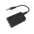 Black Bluetooth 5.0 audio adapter with 3.5mm AUX plug and external power cable.