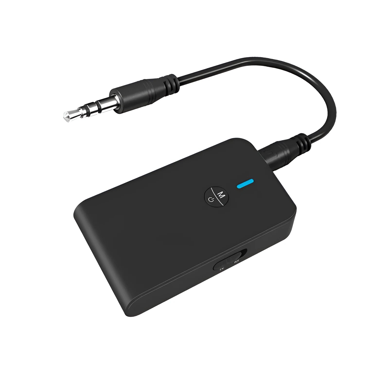 Black Bluetooth 5.0 audio adapter with 3.5mm AUX plug and external power cable.