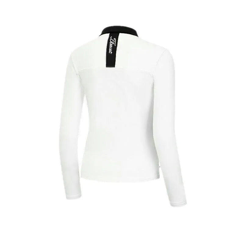 Women's white long sleeve polyester golf top with slim sportswear fit for outdoor activities