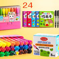 Set of hexagonal grip washable paint brushes in blue, pink and yellow colours in boxed packaging