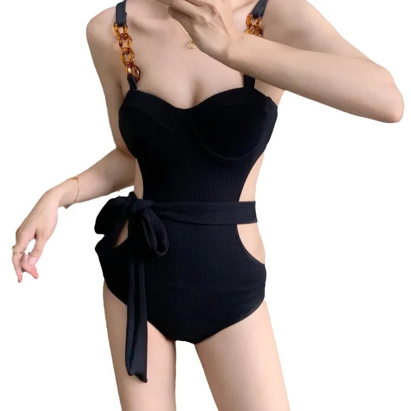 One-piece swimsuit with jumpsuit suspender style, small chest gather, high waist, backless, solid colour, women's swimwear