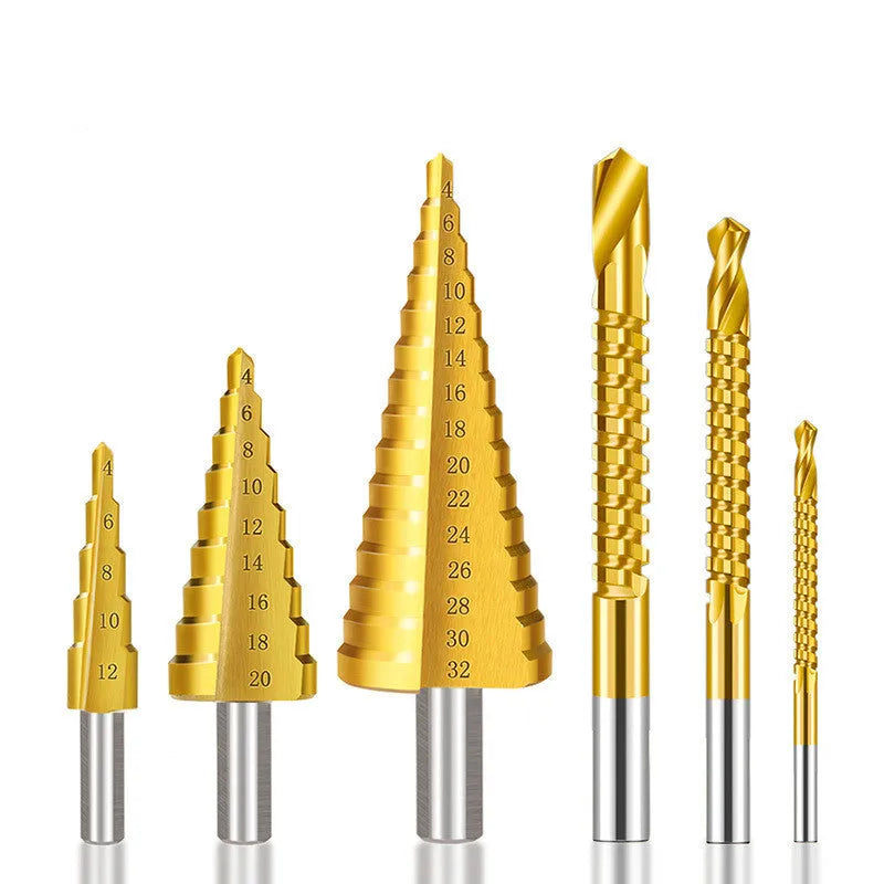 Cone step drill bit set with centre punch in high-speed steel for metalworking projects