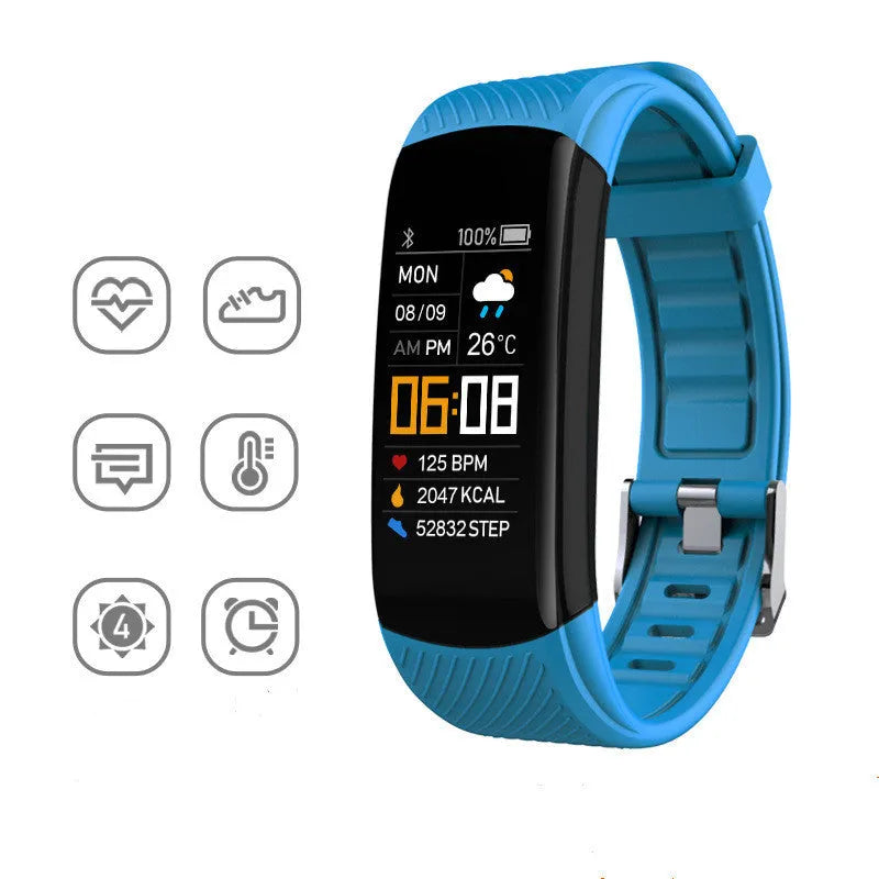 Black sports pedometer bracelet with 0.96-inch touch screen on wrist