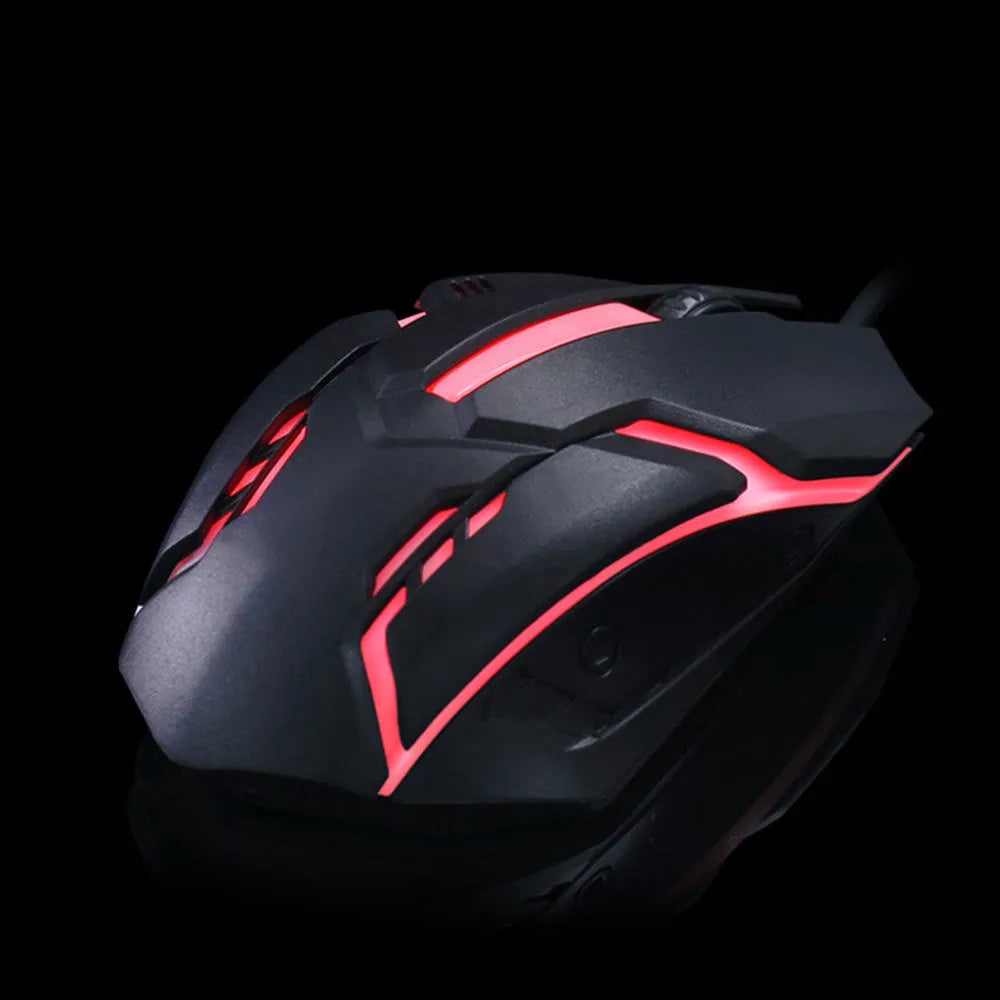 Wired USB mouse with luminous effect in black or white colours, showing 1600 DPI resolution and 1.3m cable