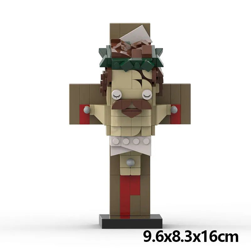 Jesus cross building block toy made from interlocking plastic pieces in a net pocket