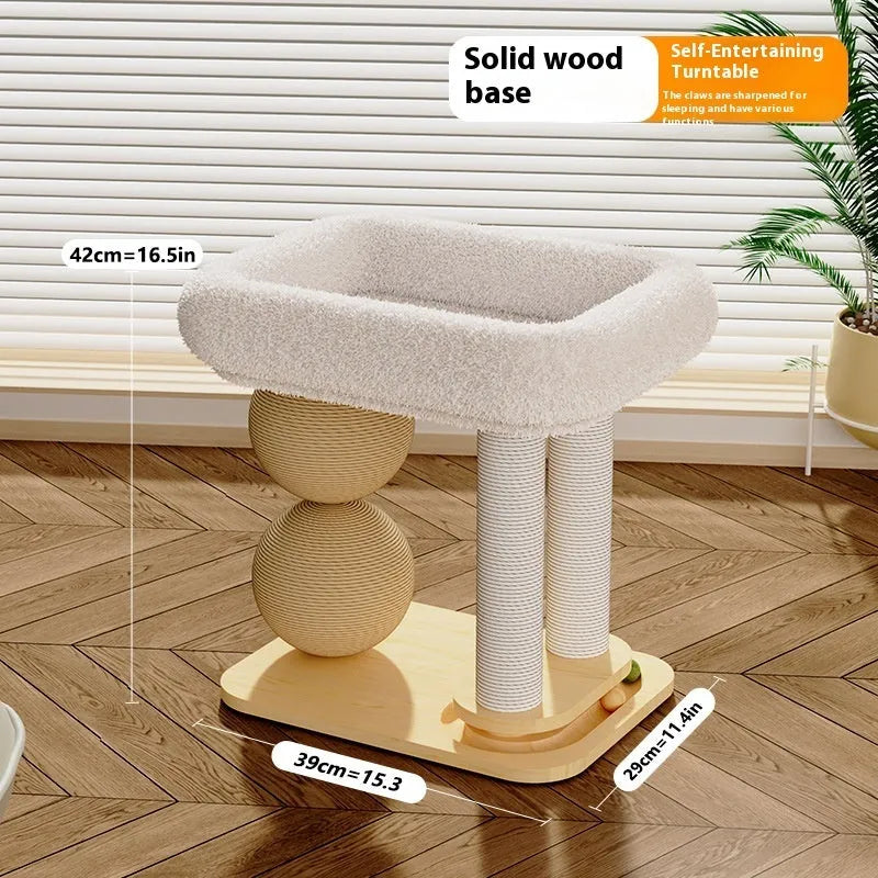 Pine wood cat scratching ball bed showing rounded design with textured scratching surface