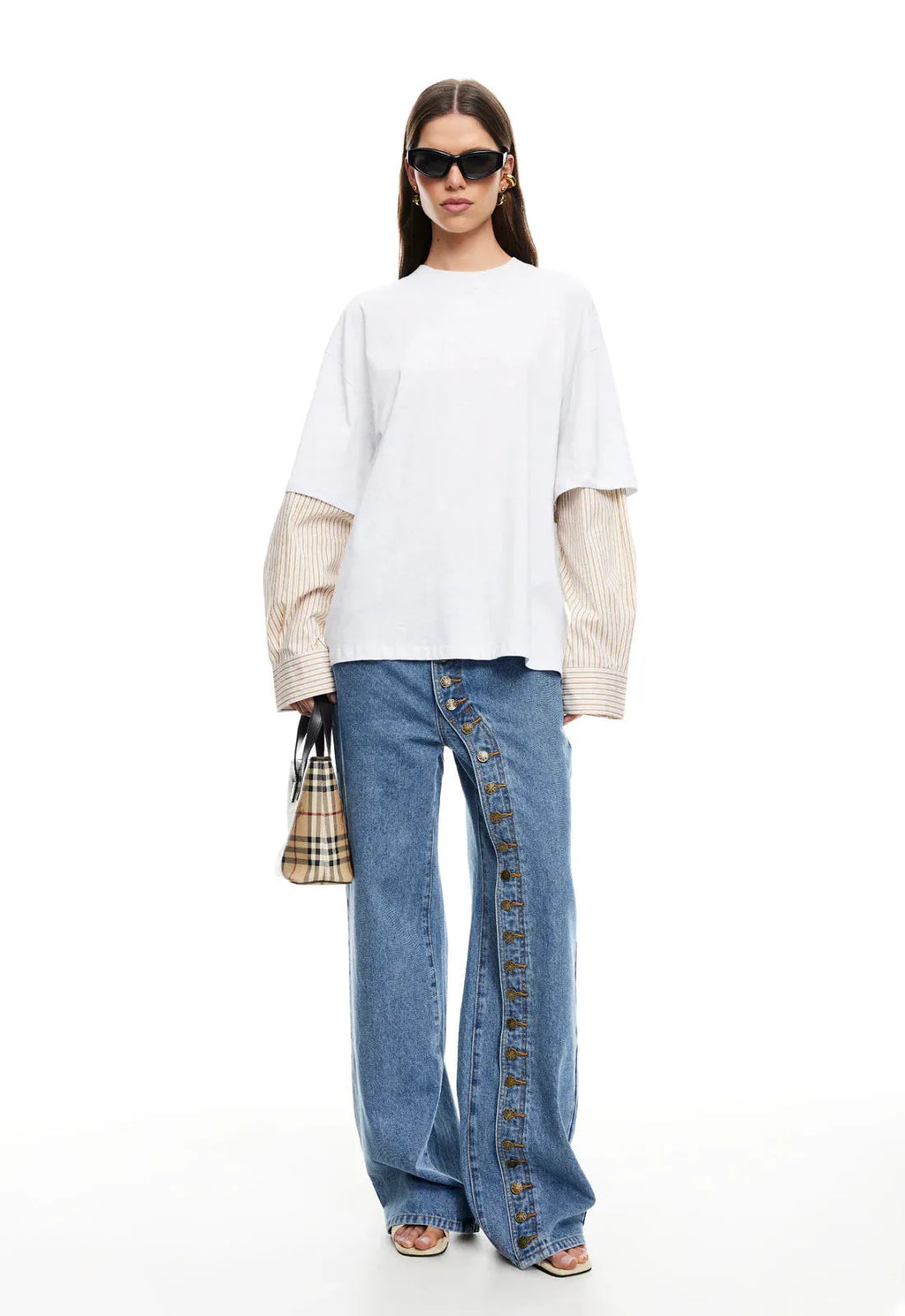 Multi-button straight leg women's jeans in blue cotton denim stone washed finish