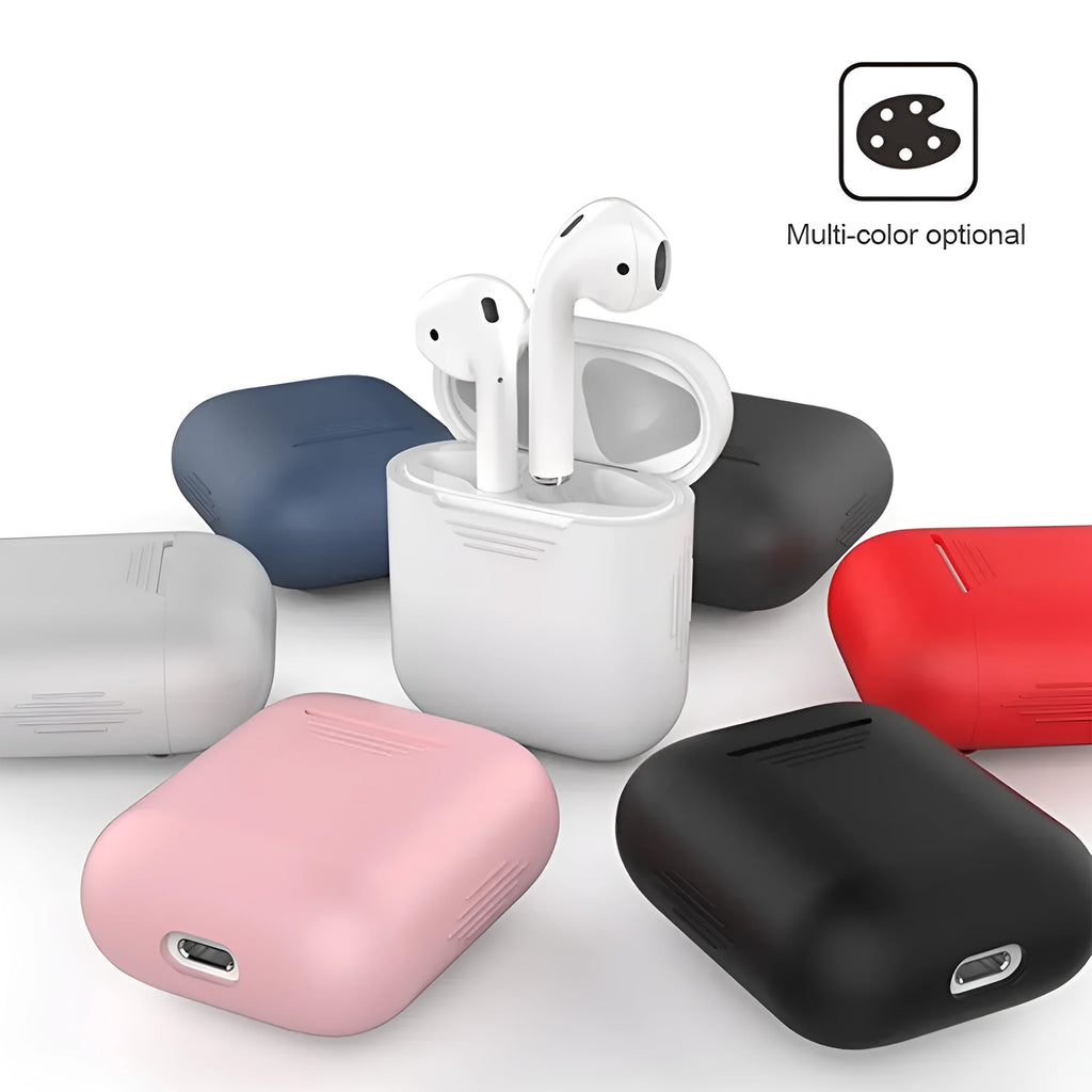 Silicone AirPods case with attached anti-lost rope and integrated shockproof earmuffs for earbud protection