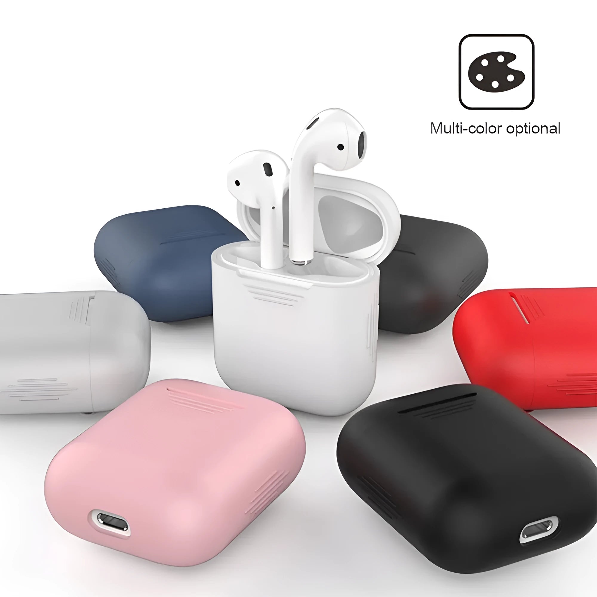 Silicone AirPods case with attached anti-lost rope and integrated shockproof earmuffs for earbud protection