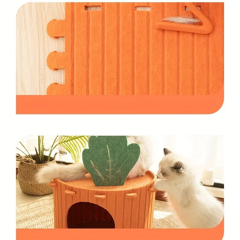 Carrot-shaped felt cat nest with tunnel entry in medium and large sizes