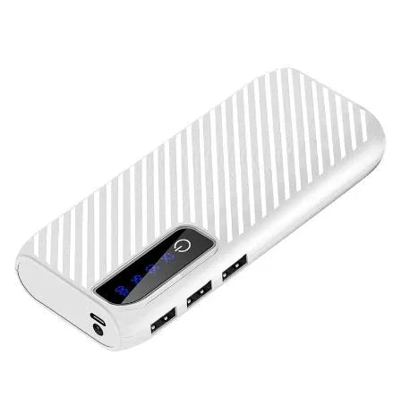 Black 20000mAh mini power bank showing USB ports and compact size