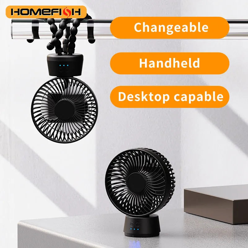 HOMEFISH F2 automatic shake head baby stroller fan with LED light on a detachable bracket