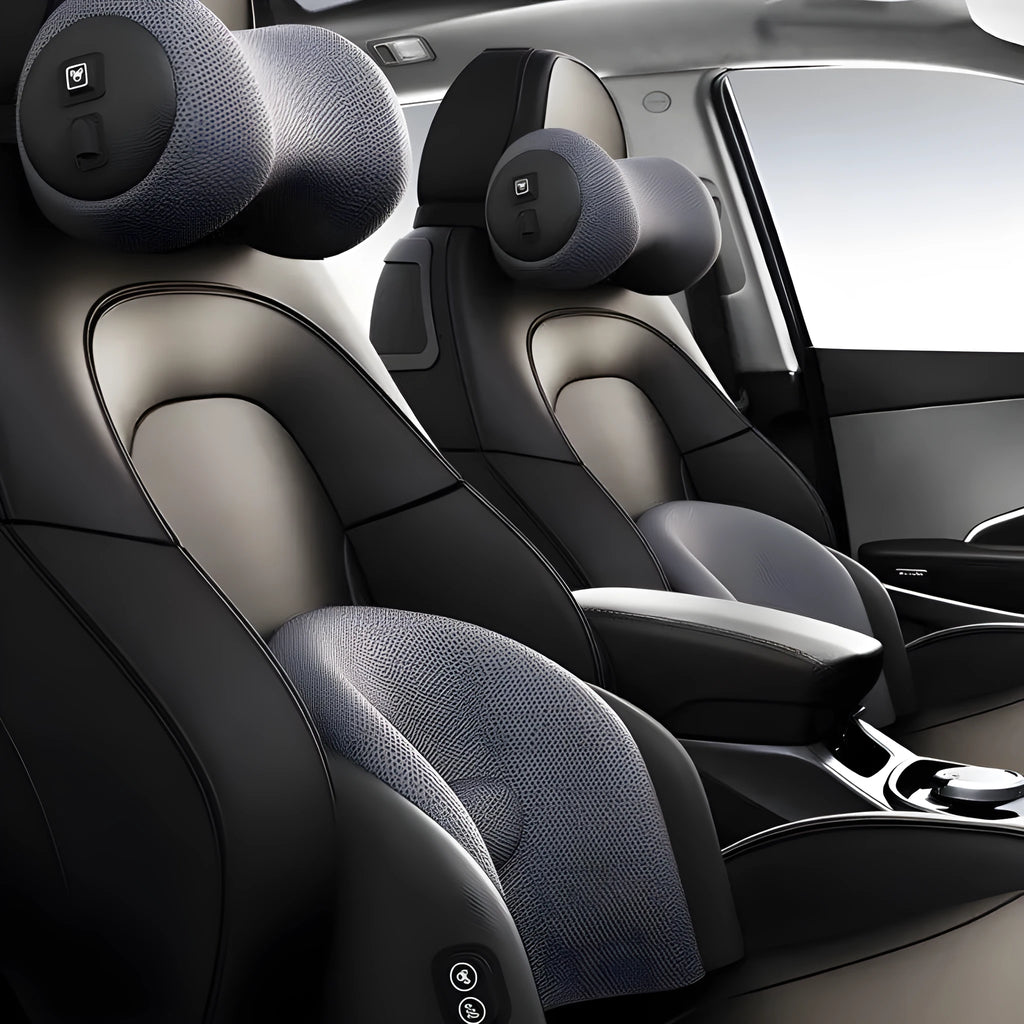 Electric car seat massage cushion in memory cotton, shown as headrest and lumbar support
