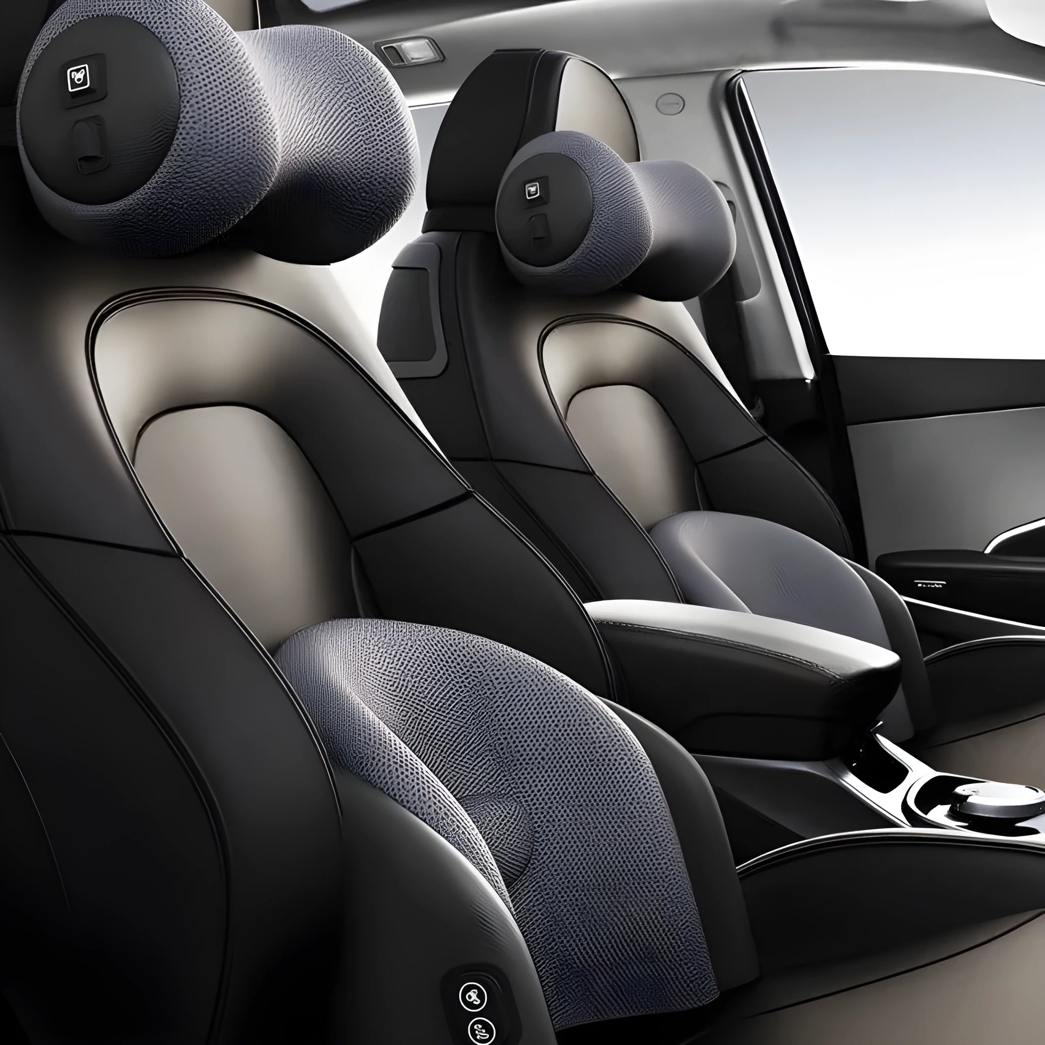Electric car seat massage cushion in memory cotton, shown as headrest and lumbar support