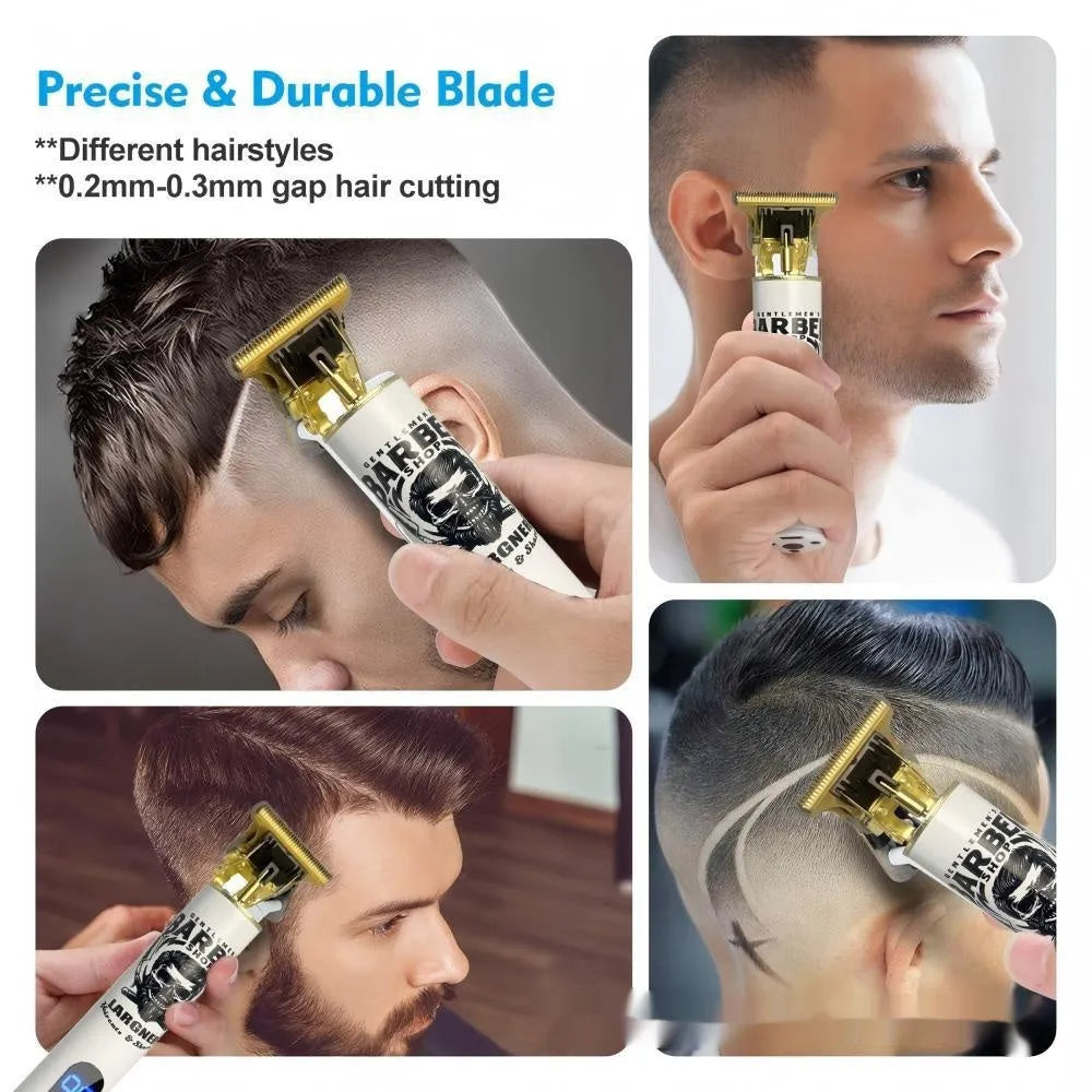 Rechargeable hair clipper with stainless steel cutter head and 4-in-1 attachment kit on a white background.
