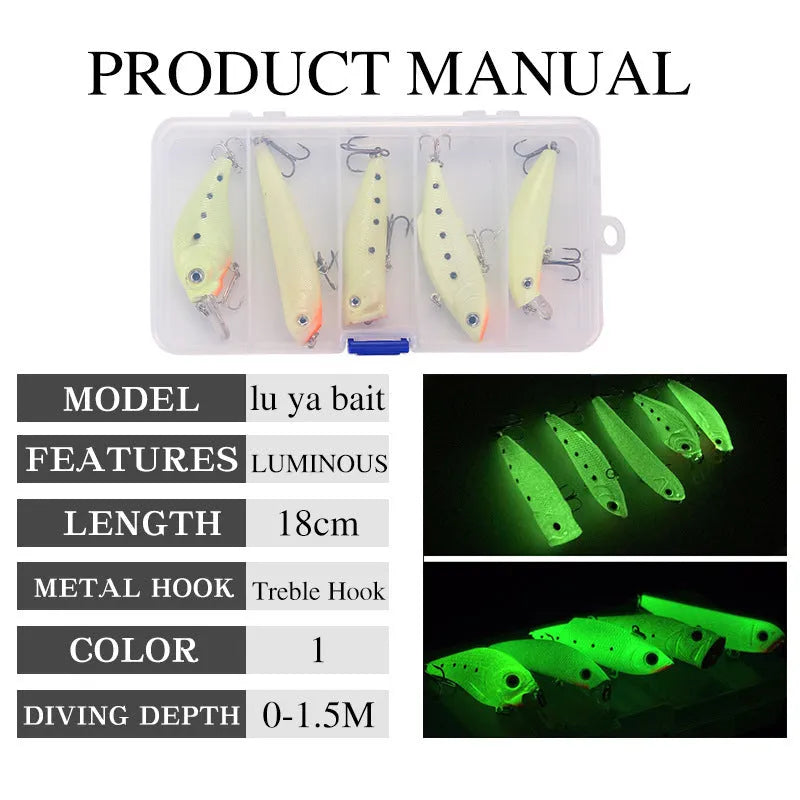 Five 3D fluorescent simulation luminous hard bait fishing lures with holographic finish in assorted colours