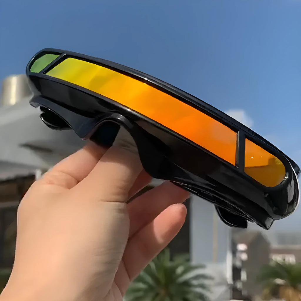 Black full rim sports sunglasses with polarised mercury-tinted lenses.