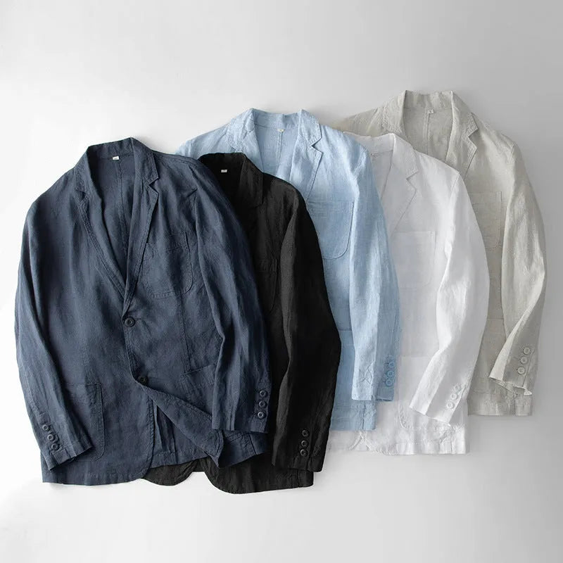 Men's loose-fit linen casual suit jacket in a solid colour, shown with long sleeves.
