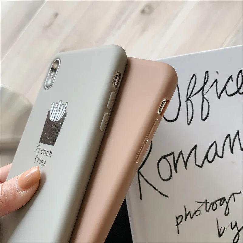 Soft matte silicone phone case for iPhone with ice coffee and french fries couple patterns