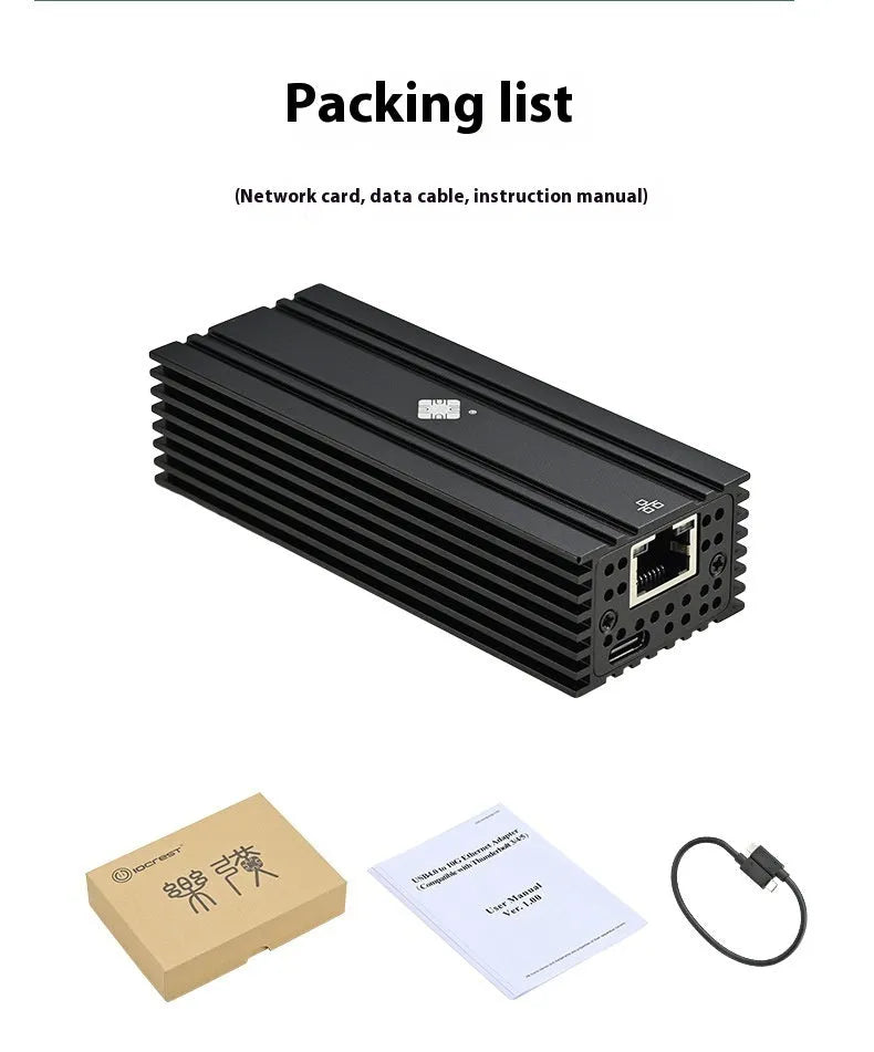 Black USB4 10 Gigabit network adapter with RJ45 port and 20cm cable