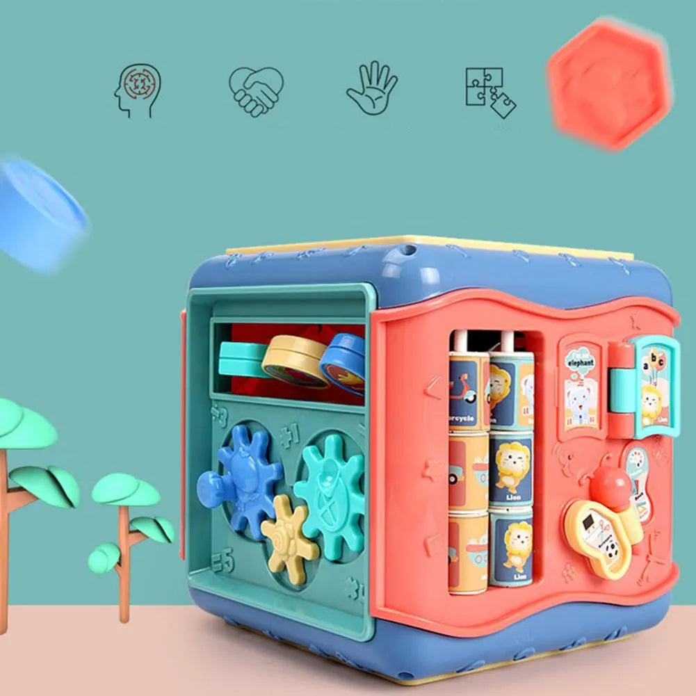 Colourful six-sided Montessori educational toy cube with bead maze, gears, and shape sorting activities