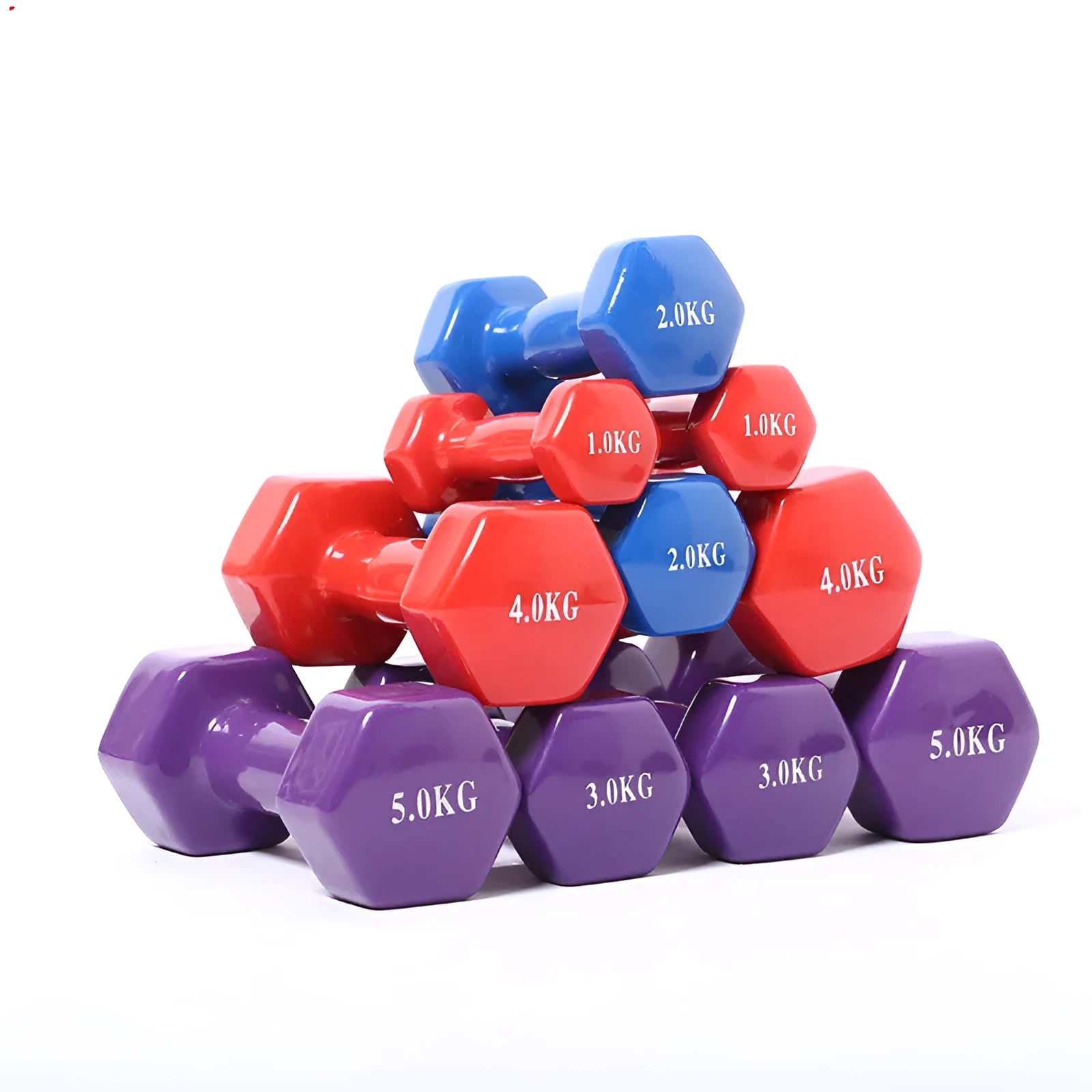 Bright colour plastic fitness dumbbells with gloss finish in 0.5KG, 1KG and 1.5KG weight options