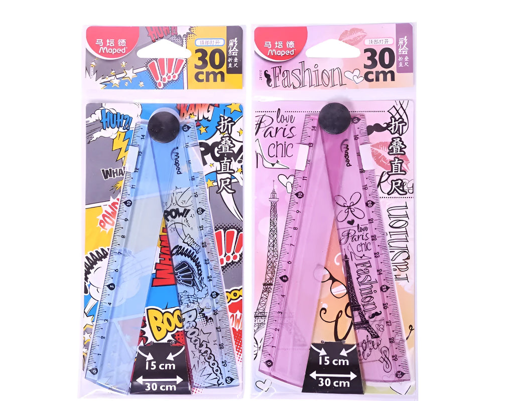 30cm widened rotary folding ruler in blue and pink colour options on a white background