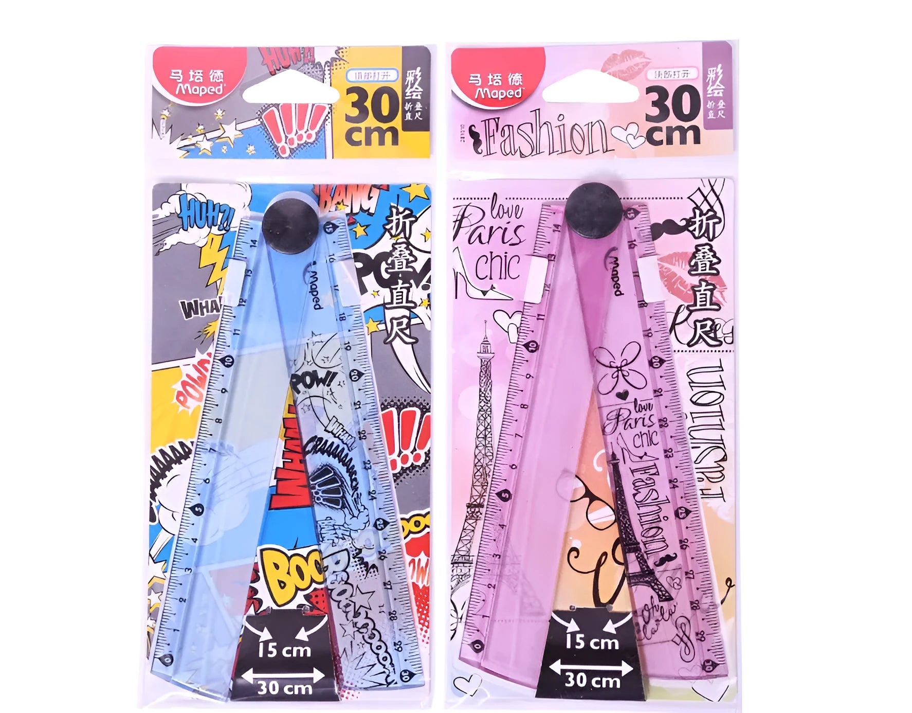 30cm widened rotary folding ruler in blue and pink colour options on a white background