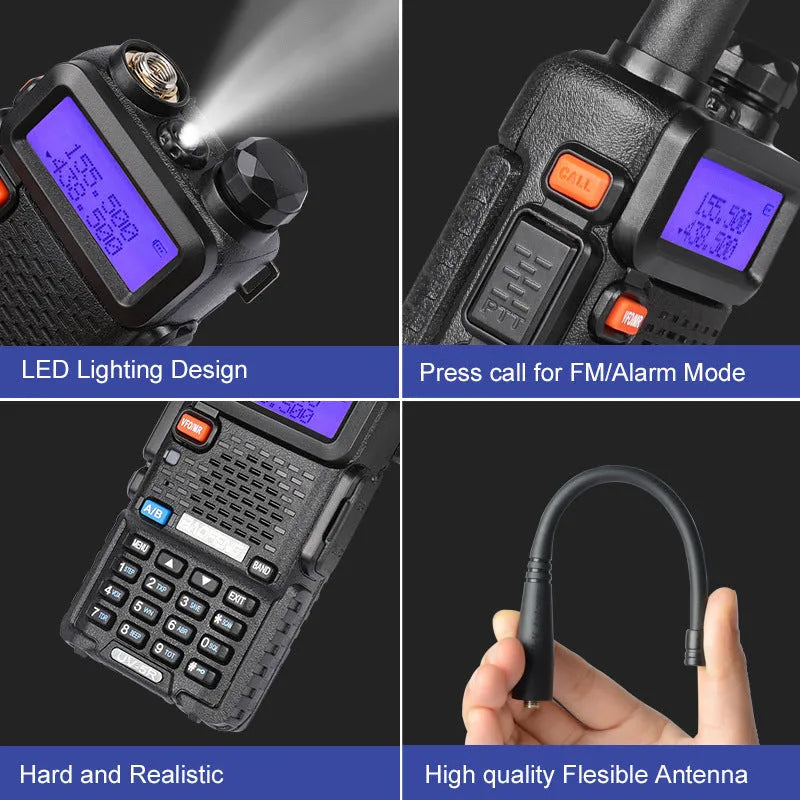 Professional handheld VHF UHF two-way radio walkie talkie with extended antenna.